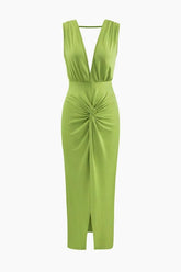 Deep V-neck Backless Slit Midi Dress - HouseofHalley